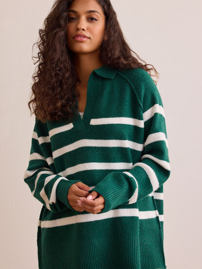Cozy Compass Striped Collared Pullover - TULLABEE