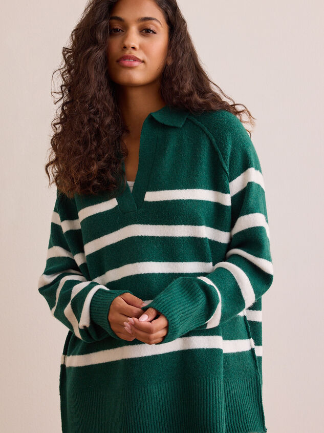 Cozy Compass Striped Collared Pullover Detail 2 - TULLABEE