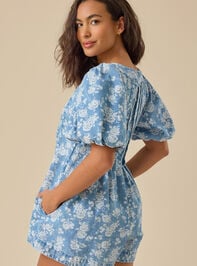 Evie Puff Sleeve Denim Romper Detail 5 - TULLABEE