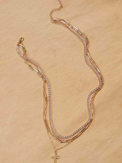 18K Gold Tennis Paperclip Layered Cross Necklace - TULLABEE