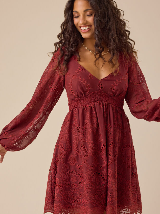 Long Sleeve Eyelet Mini Dress Detail 3 - TULLABEE