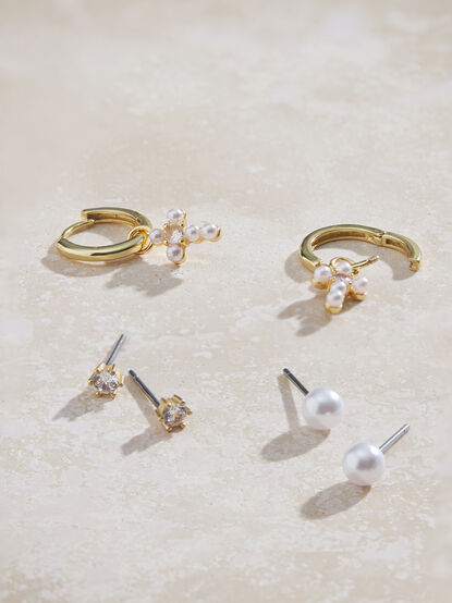 Mini Hoop Cross Pearl Earring Pack - TULLABEE