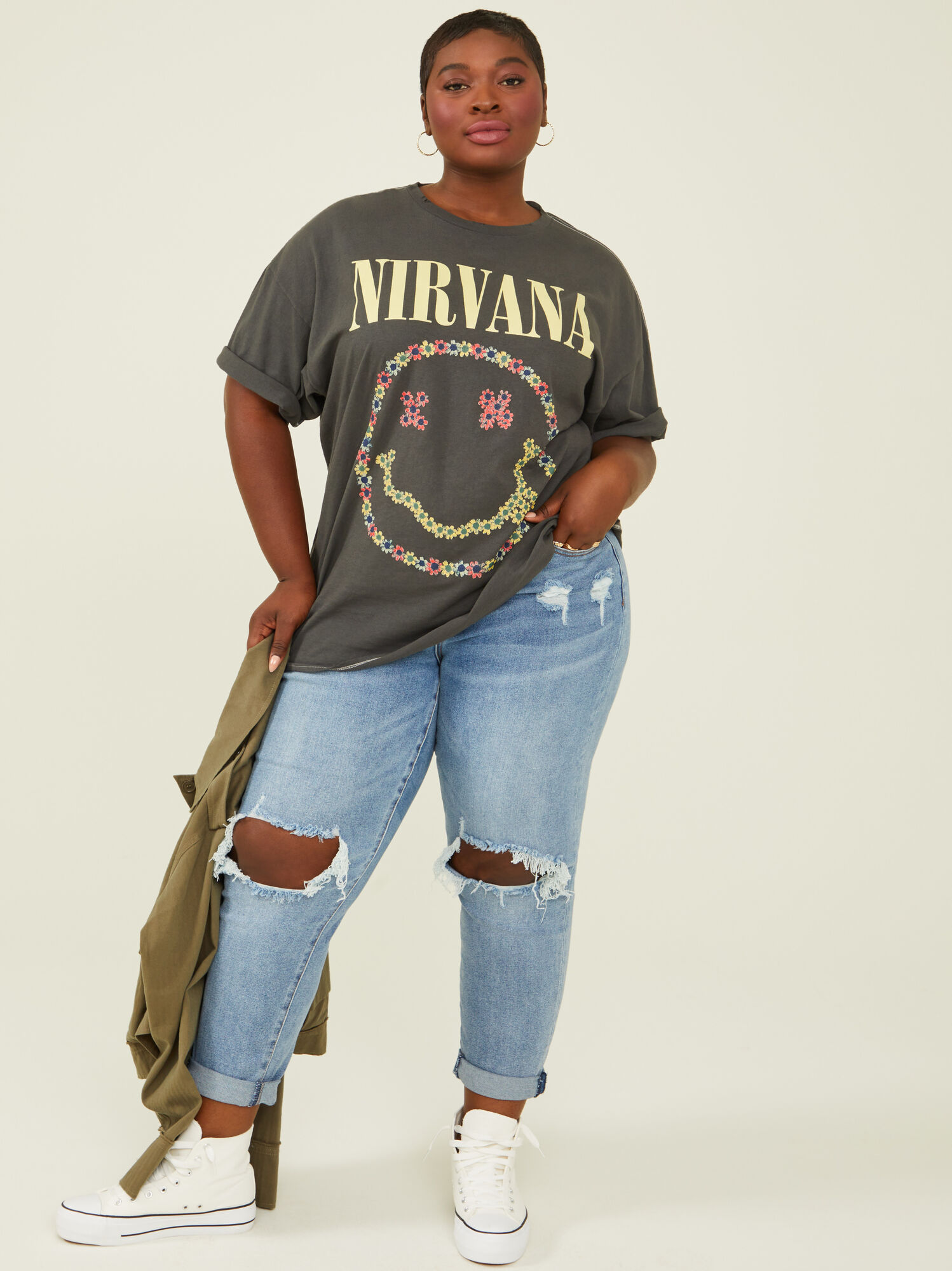 Nirvana Floral Smiley Oversized Tee in Black Arula
