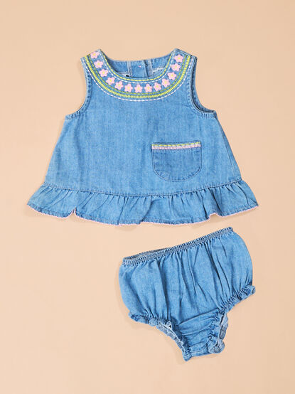 Angie Denim Flower Pinafore Set by Mud Pie - TULLABEE