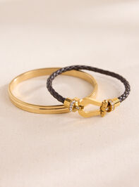 Stainless Steel Leather Woven Bangle Set - TULLABEE