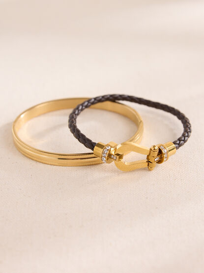 Stainless Steel Leather Woven Bangle Set - TULLABEE