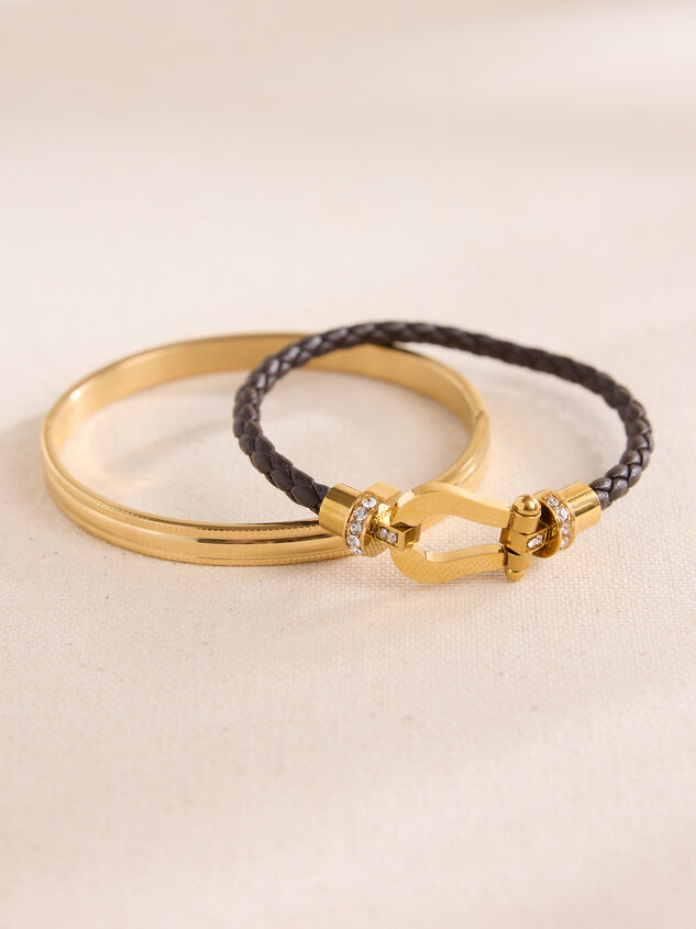Stainless Steel Leather Woven Bangle Set - TULLABEE