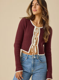 Annistyn Ribbed Tie Front Cardigan Detail 2 - TULLABEE