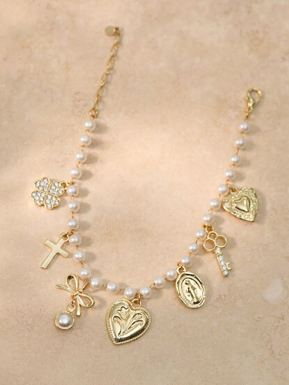 Pearl Heart Charm Dangles Bracelet - TULLABEE