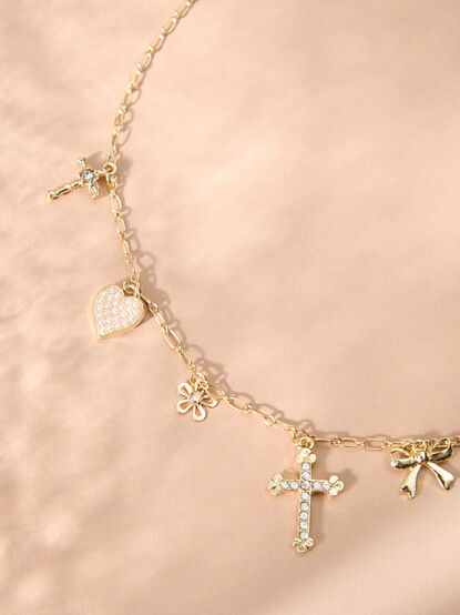 Cross Pearl Heart and Bow Charm Necklace - TULLABEE