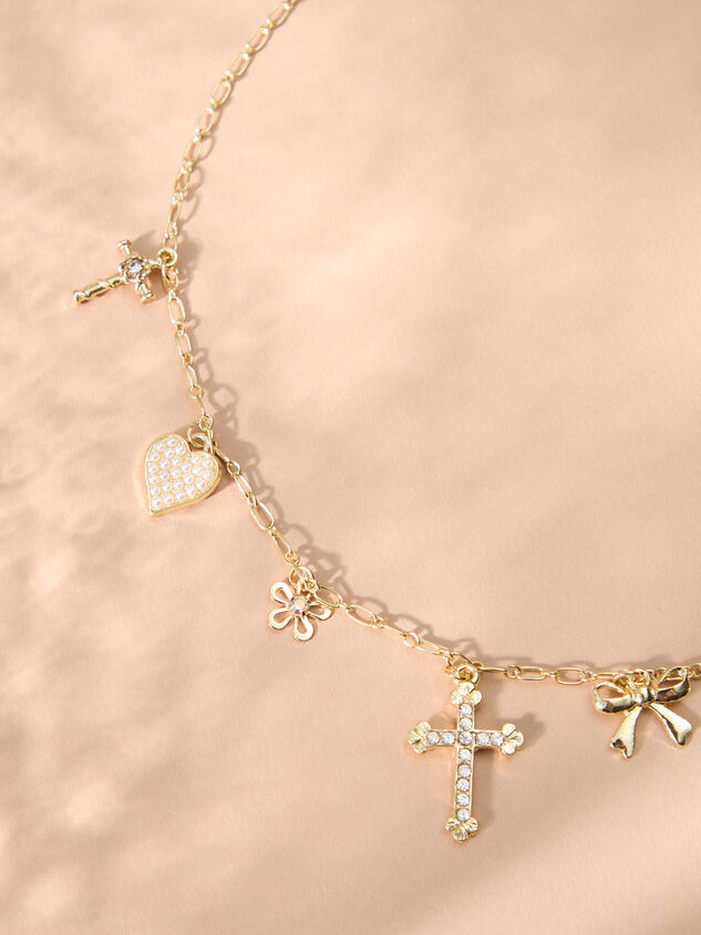 Cross Pearl Heart and Bow Charm Necklace - TULLABEE