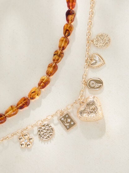 Layered Beaded Charm Dangles Statement Necklace - TULLABEE