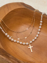 3 Layer Pearl Cross Charm Necklace - TULLABEE