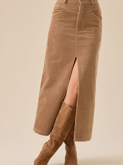 Gabrielle Corduroy Midi Slit Skirt - TULLABEE