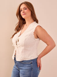 Alicia Embroidered Tie Front Woven Vest Detail 4 - TULLABEE