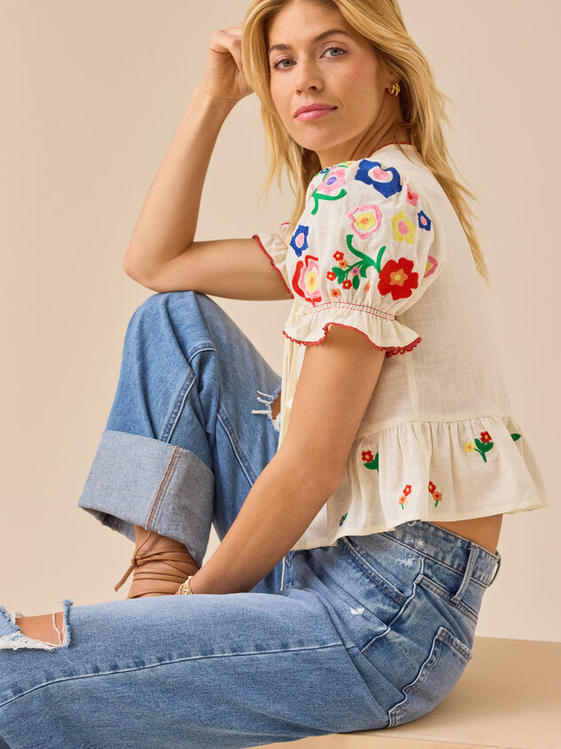 Rosalie Tie Front Embroidered Top Detail 5 - TULLABEE