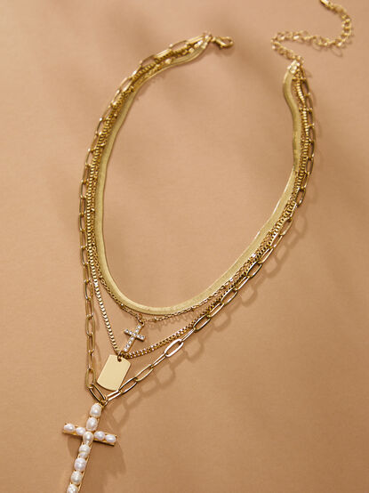 Cross and Dog Tag Gold Layered Necklace - TULLABEE