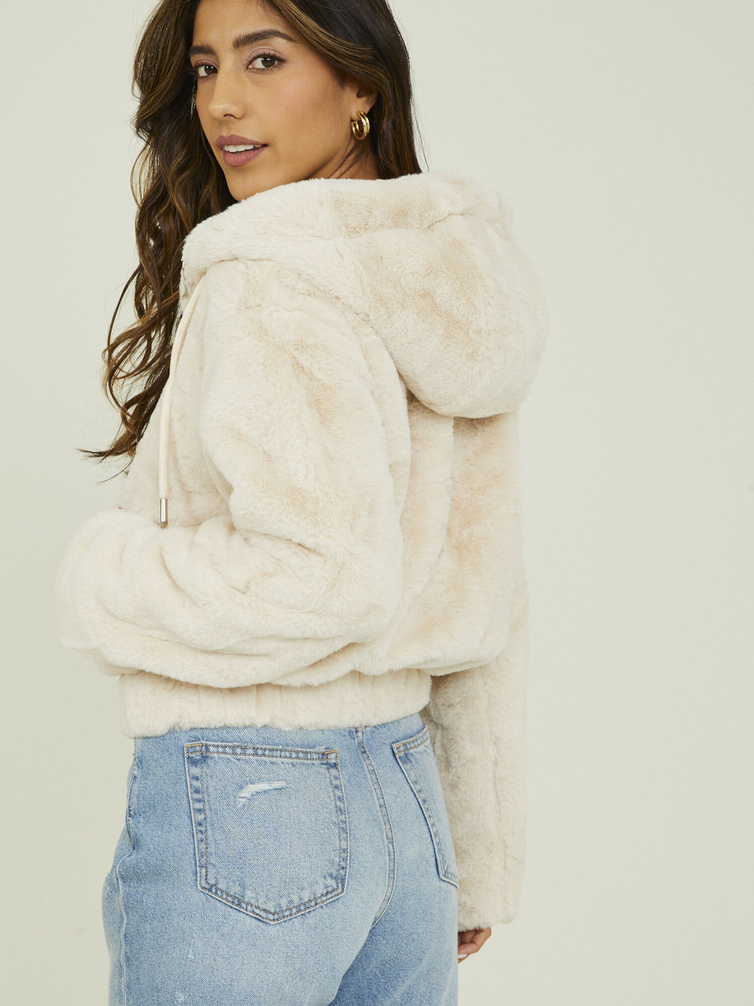 Cream faux fur hoodie 2025