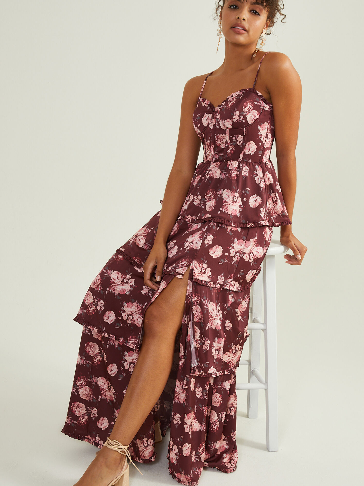 Stellni Floral Satin Maxi Dress in Burgundy Altar d State