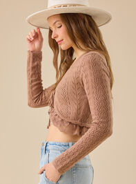 Maria Pointelle Lace Trim Shrug Detail 3 - TULLABEE