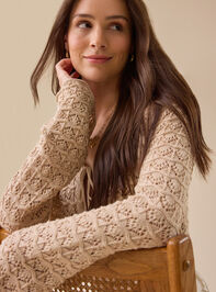 Lacey Crochet Tie Front Shrug Detail 3 - TULLABEE