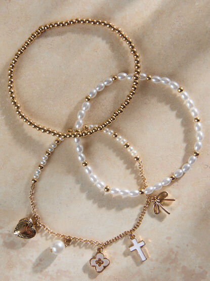 Talia 3PK Pearl Charm Dangle Bracelets - TULLABEE