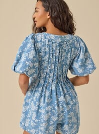 Evie Puff Sleeve Denim Romper Detail 6 - TULLABEE