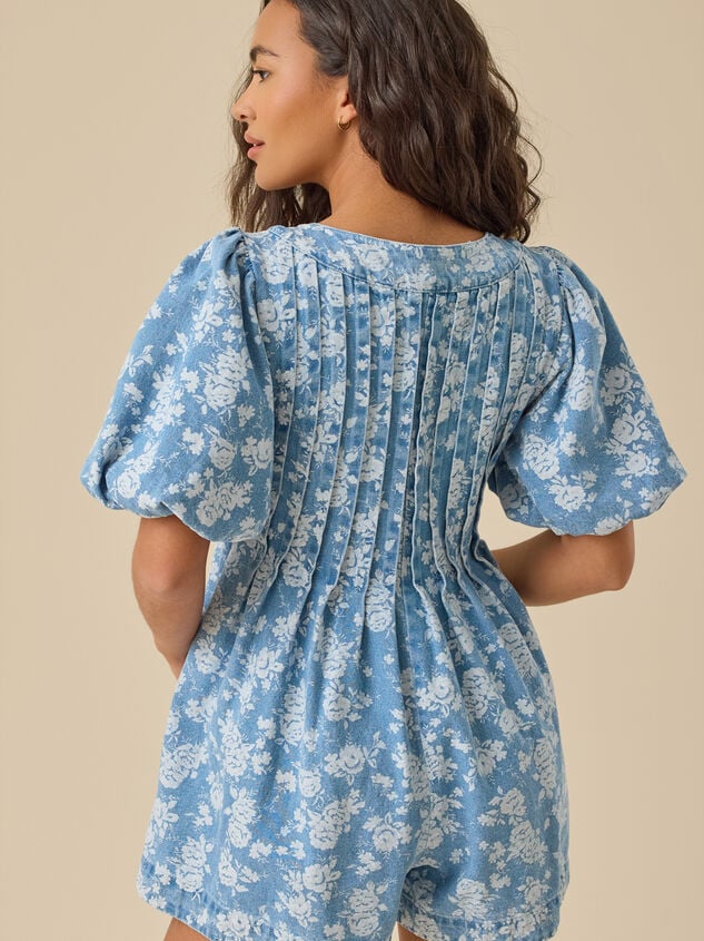 Evie Puff Sleeve Denim Romper Detail 6 - TULLABEE
