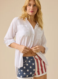 Mary American Flag Denim Shorts Detail 3 - TULLABEE