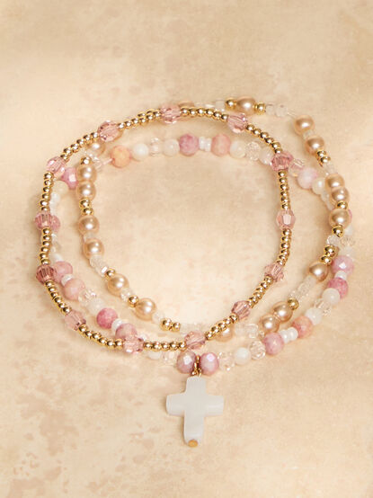 Beaded Cross Charm Bracelet Set - TULLABEE