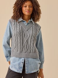 Amanda Cable Denim Mixed Pullover Detail 2 - TULLABEE