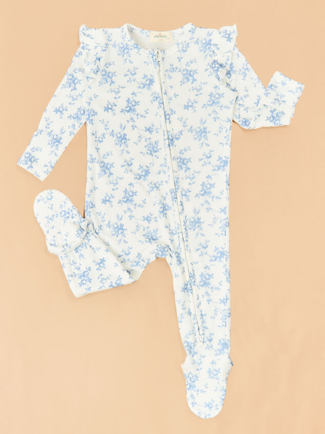 Blue Vine Floral Ruffle Footie Detail 2 - TULLABEE