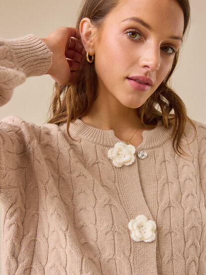 Rose Cable Knit Flower Cardigan - TULLABEE