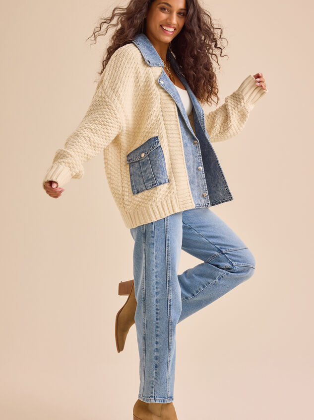 Hadley Cable Denim Mixed Cardigan Detail 4 - TULLABEE