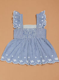 Jane Striped Floral Embroidered Toddler Dress Detail 3 - TULLABEE