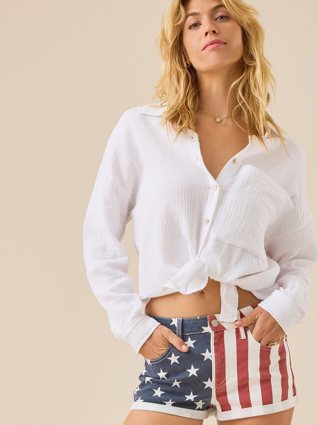 Mary American Flag Denim Shorts Detail 2 - TULLABEE