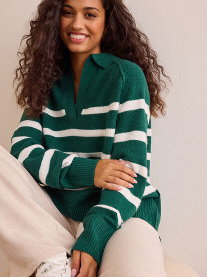 Cozy Compass Striped Collared Pullover - TULLABEE