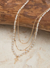 3 Layer Pearl Cross Charm Necklace Detail 2 - TULLABEE