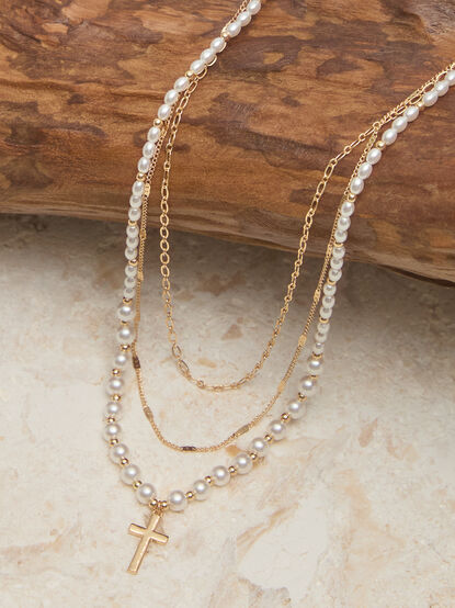 3 Layer Pearl Cross Charm Necklace - TULLABEE