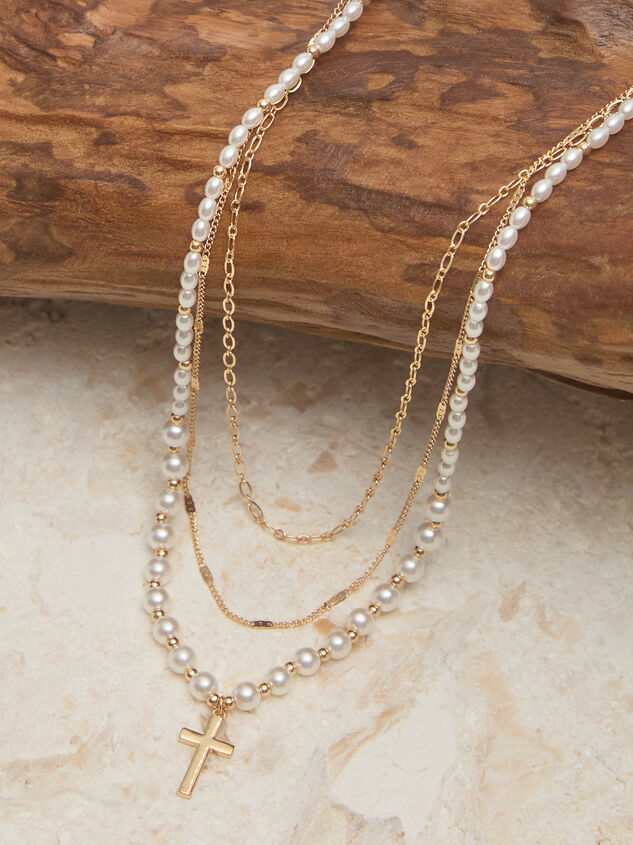 3 Layer Pearl Cross Charm Necklace Detail 2 - TULLABEE