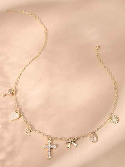 Cross Pearl Heart and Bow Charm Necklace - TULLABEE