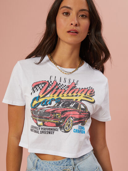 Vintage Cars Cropped Graphic Tee - TULLABEE