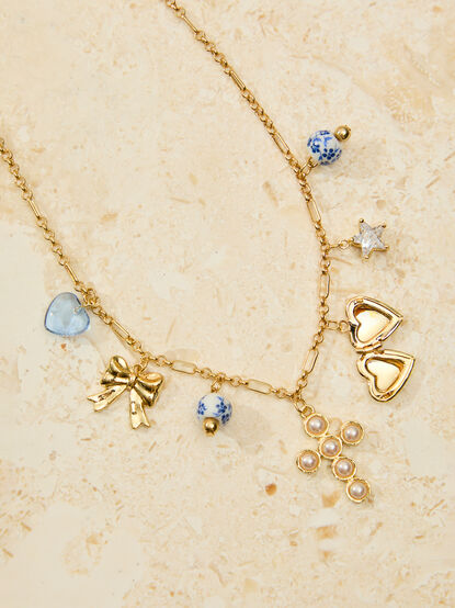 Cross Blue Bead Charm Necklace - TULLABEE