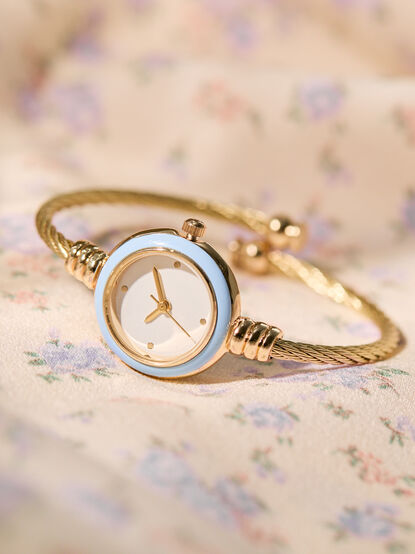 Blue Enamel Twisted Cuff Round Face Watch - TULLABEE