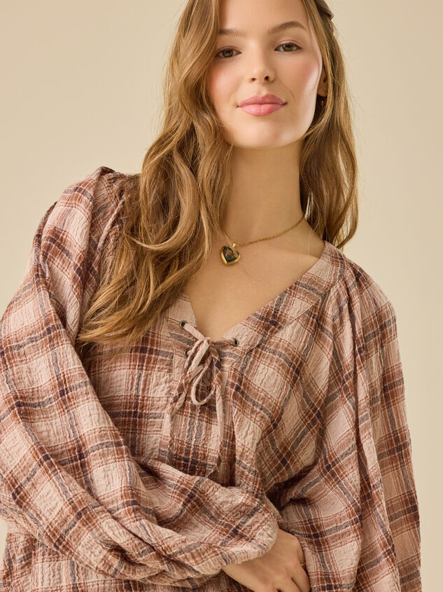 Sallie Plaid Lace Up Blouse Detail 3 - TULLABEE
