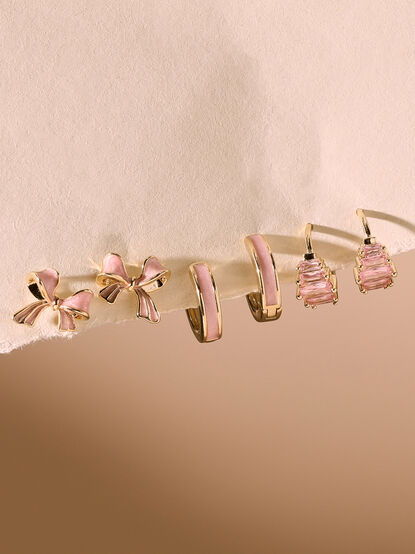 18K Gold Pink Bow Mini Hoop Set - TULLABEE