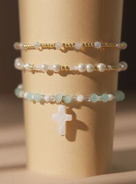 Blue Glass Bead Cross Bracelet Set - TULLABEE