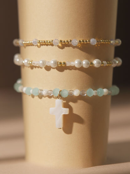 Blue Glass Bead Cross Bracelet Set - TULLABEE