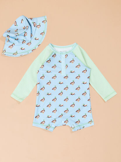 Duck Rash Guard Romper with Hat by Mud Pie - TULLABEE