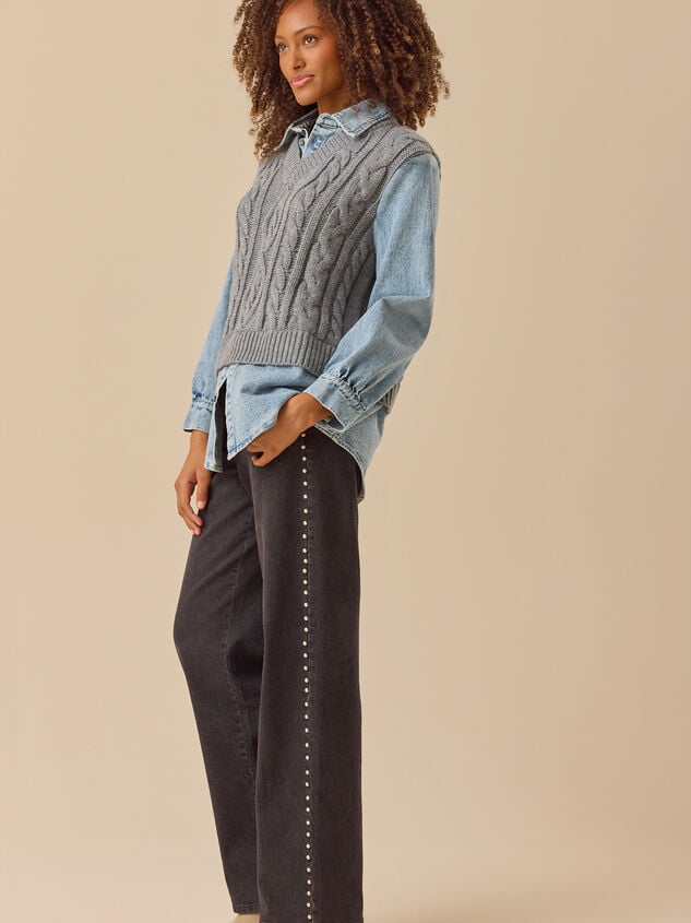 Amanda Cable Denim Mixed Pullover Detail 5 - TULLABEE